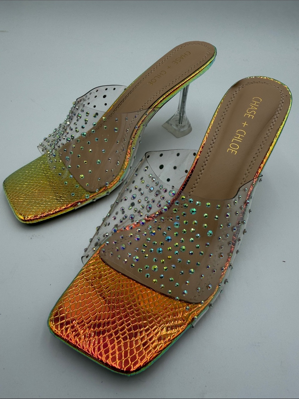 Chase + Chloe Iridescent Crystal-Embellished Clear Mule